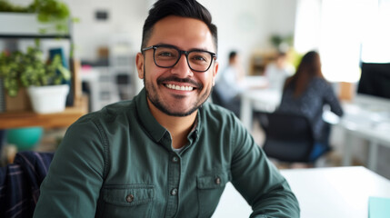 Sticker - A smiling man with glasses is sitting in a casual office setting, exuding confidence and satisfaction.