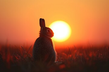 Poster - Bunny at Sunrise: A serene photo of the Easter Bunny silhouetted against a stunning sunrise