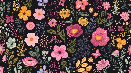 Wall Mural - Handdrawn flower, boho, , seamless pattern isolated on black background. Generative Ai