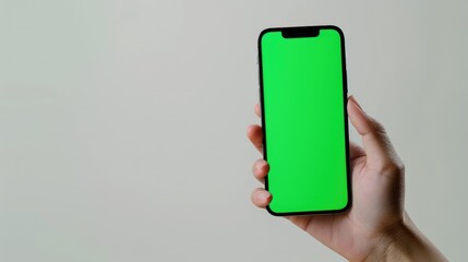 Hand hold cell phone with green screen mock up. Mobile smartphone chroma key template. Cellphone display close up. Business mockup empty blank space. Modern gadget white background vertical position.