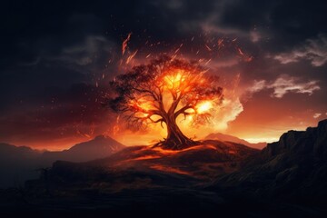 cinematic scene of a burning tree on a hill. dramatic cloudy sky. 