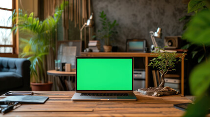 Wall Mural - Laptop with green screen mock up lying on table. Computer with chroma key template. MacBook display close up. Business mockup empty blank space. Modern gadget on wooden table in horizontal position.