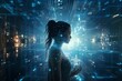 A woman, absorbed in a futuristic digital landscape, surrounded by intricate data connections, captured with cinematic precision and modern HD clarity.