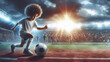 © Rezhwan - A young child with a radiant smile and an afro hairstyle imagines being a soccer star, playing in a stadium filled with cheering fans at sunset. dreaming big