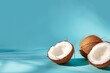 © Adito - Halved fresh coconuts against blue background  copy space for text