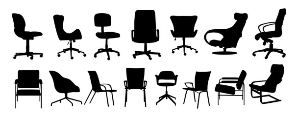 Silhouettes of different office chairs front, side, back view. Wheelchair, manager chair, armchair. Monochrome vector illustrations, furniture interior design elements isolated on white background.
