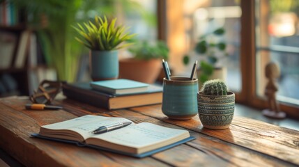 A wooden table with a book, pen and plant on it, AI