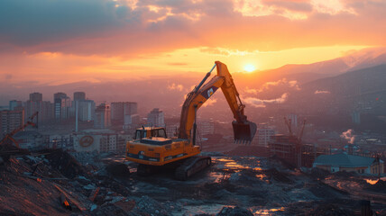 Wall Mural - Wide shot excavator parking on top with mining industry background ,generative ai