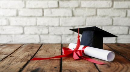 Canvas Print - black academic cap with a red tassel and a diploma with a red ribbon, placed on a wooden surface against a blurred brick wall background