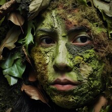 Mystical Forest Spirit Concept With Woman's Face Camouflaged In Natural Textures