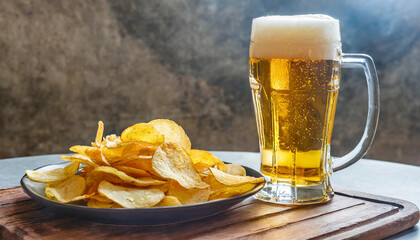 Wall Mural - A glass of cold beer and potatoes chips