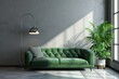 green sofa with pillow near metal modern floor lamp.
