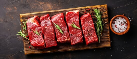 Sticker - Top view of a cutting board with a variety of fresh raw beef steaks seasoned with spices.