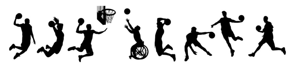 Silhouettes of different sports men, woman, disabled person in wheelchair basketball players. Professional sportsmen with ball, basket with net and shield. Vector isolated on white background.