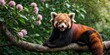 a red panda sitting on top of a tree branch with its mouth open and tongue out, with pink flowers in the background.