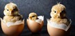 a group of chickens sitting inside of an egg with a baby chicken in the middle of the eggshells.