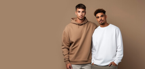 Wall Mural - Stylish young guys of different races in hoodies on a beige background. Sports handsome male models, trendy clothes, hipster students. Men multicultural friends