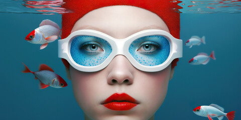 Poster - Surreal portrait of a woman submerged in water, wearing goggles that reflect a vibrant underwater scene with vividly colored fish swimming around her.Portrait concept. AI generated.