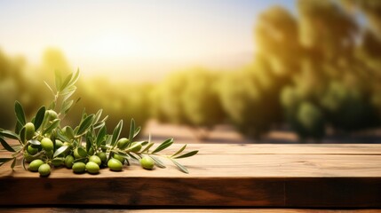 Branch of green olives with leaves on empty wooden table on blurred natural background of olive garden. Sunset sunlight. Mockup for your design, product advertising