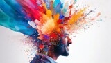 Fototapeta  - Colorful painted explosion in head. Concept of creative mind and imagination. Silhouette of human hand with colored fragments