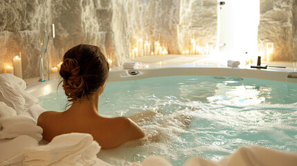 Wall Mural - A girl swims in a pool in a spa salon in a hotel