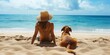 Woman, happy and relaxing on beach and sunbathing with dog, vacation and travel to Hawaii. Female person, resting and tanning on sand and peaceful by water, nature and wellness by ocean and animal