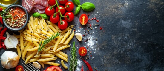 Wall Mural - Traditional Italian cuisine with penne pasta, meat, tomatoes, onions, herbs, and spices seen from above.