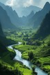 Tranquil river flows through a lush green valley, with terraced fields and karst peaks rising in the distance.