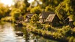 A model boat sits on a lake in front of a village made of toy houses. The scene has been photoshopped to give a tilt-shift effect.