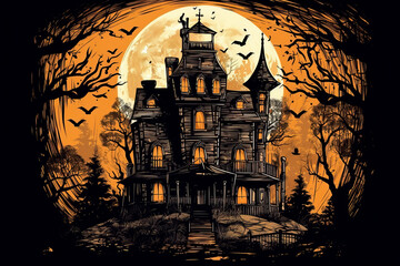 Wall Mural - Old house with ghosts. Halloween. AI generated