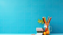 School And Office Supplies On Blue Background. Banner Back To School Background With Copy Space	