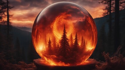 sunset in the forest highly intricately photograph of Fire lord rising from magma inside a crystal ball,  