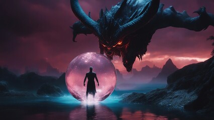 Wall Mural - landscape with   clouds highly intricately photograph of The demon dragon in an image of the monster on a black background in a crystal ball 