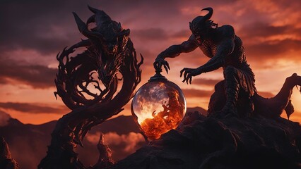 Wall Mural - sunset in the mountains highly intricately photograph   of Night dragon demon - close-up on frightening 