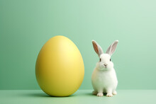 A Rabbit Sitting Next To A Yellow Egg On A Green Background