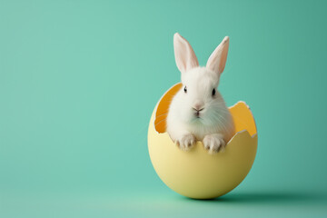 A cute rabbit peeking its head from a cracked Easter egg with a turquoise background