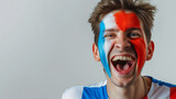 France flag face paint, Close-up of a person's face, symbolizing patriotism or sports fandom.