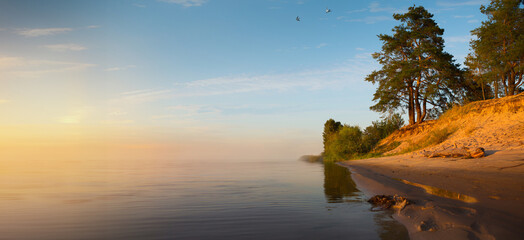 Wall Mural - Beautiful Autumn landscape.  Peaceful morning dawn on the river