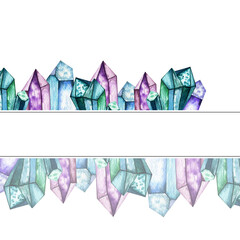 Banner with hand drawn colored crystals. Watercolor frame, template. Design for invitation, postcard. Magic, witchcraft.