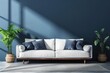 Mockup living room interior with sofa on empty dark blue wall background.