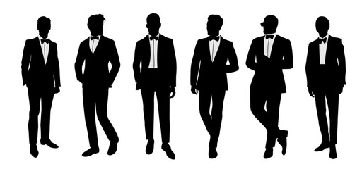 Silhouettes of different businessman characters in formal or black tie outfits. Stylish handsome guys wearing tuxedo. Monochrome vector illustrations isolated on white background.