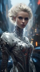 Wall Mural - A visually striking image of a science fiction princess with striking eyes and surreal makeup, dressed in an avant-garde ensemble resolution, dynamic composition, and dramatic lighting.