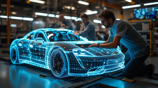 Automotive Engineer Working on Electric Car Platform, Using Tablet Computer with Augmented Reality 3D Software. Innovative Facility. Vehicle Frame with Wheels Becomes a VFX Model
