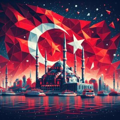 Wall Mural - Turkish flag in Low Poly style, crafted using geometric shapes. Flag behind a mosque. Digital art, created using generative AI