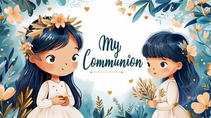 My first communion, stylish typography with beautiful girls with white dress and flower frame