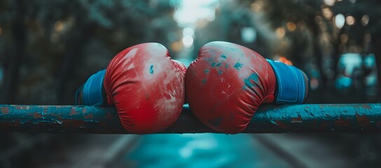 Wall Mural - Red boxing gloves on a bench with bokeh background. sport equipment outdoor. passion for boxing concept. AI