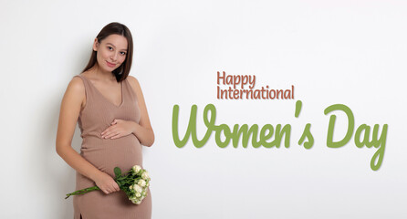 Canvas Print - Happy Women's Day, Pregnant lady holding bouquet of beautiful flowers on white background