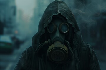 man gas mask standing city street hacker wearing hood profile modern attire paranoid lenses riot background dead peoples haze