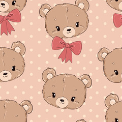 hand drawn cute teddy bear and bow, kids print vector illustration