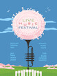 Live Music Festival outdoor event vector poster. Piano, trumpet silhouette, blooming tree cartoon illustration. Musical show advertisement template. Spring live sound concert flyer, banner background